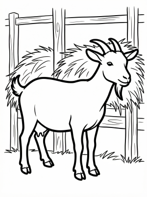 Anatomically correct goat stands inside a rustic barn stall, surrounded by abundant hay. Wooden planks form the stall walls and floor.