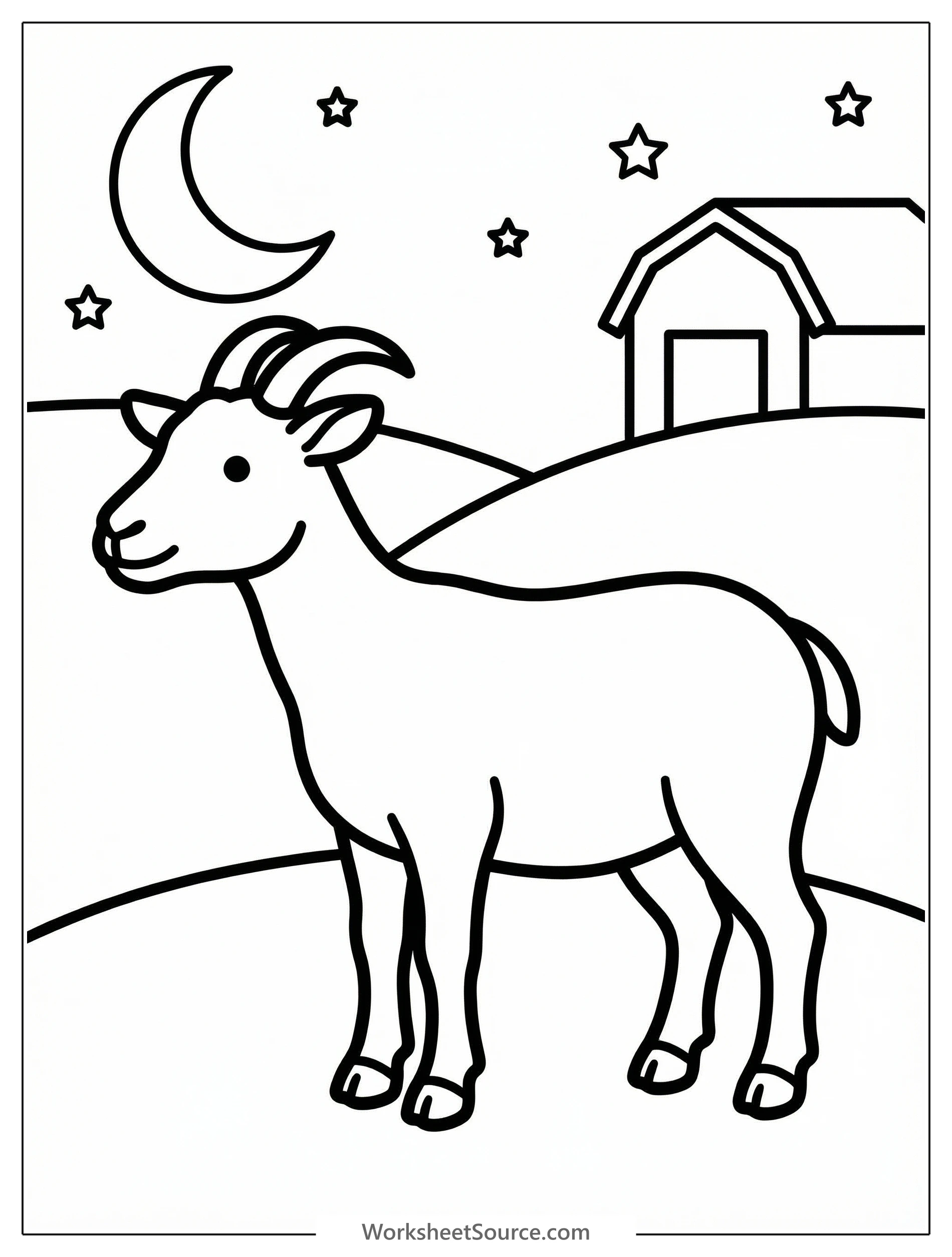 An anatomically correct goat stands peacefully on a farm during dusk, casting soft shadows, ready for coloring.