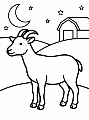 An anatomically correct goat stands peacefully on a farm during dusk, casting soft shadows, ready for coloring.