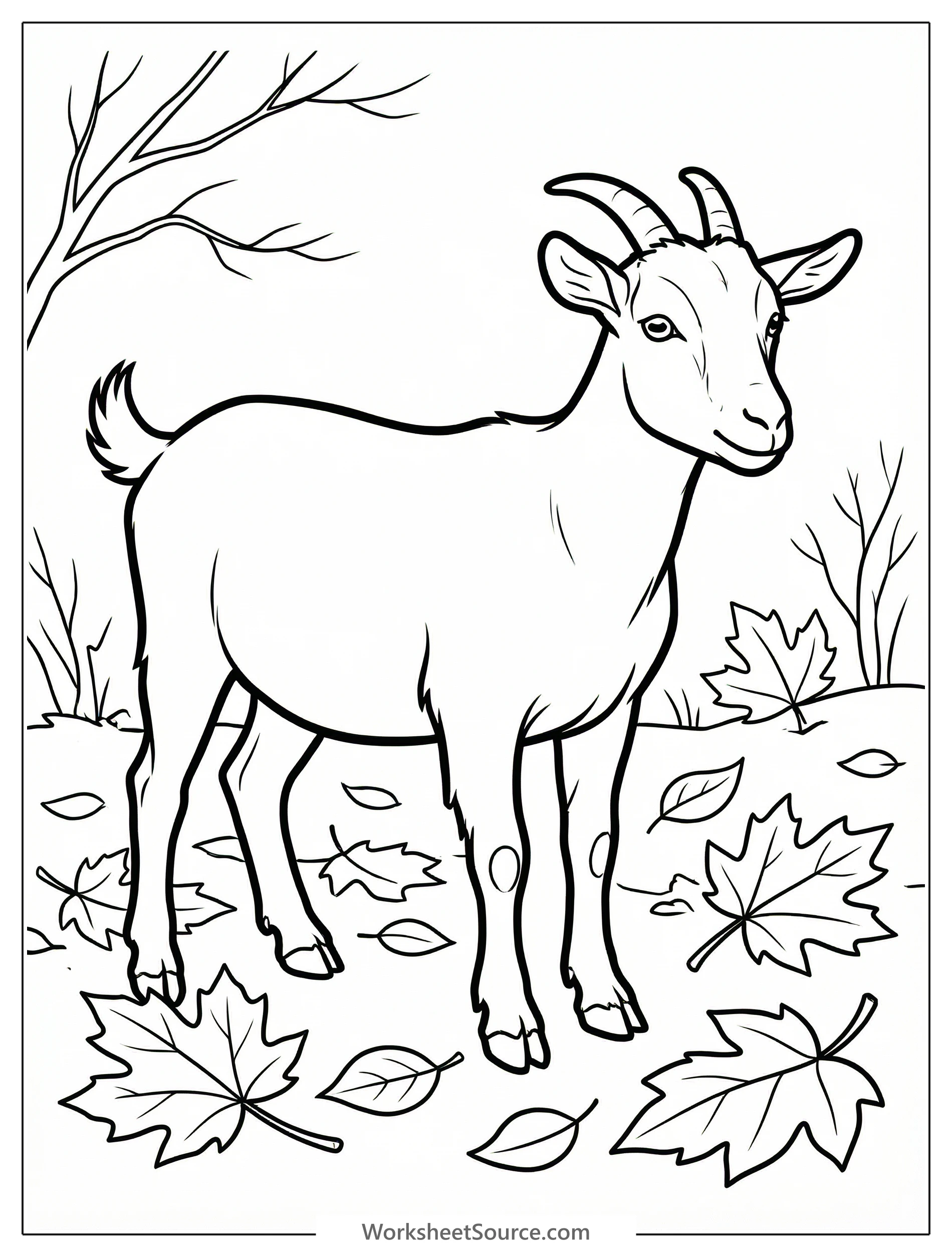 An anatomically accurate illustration of a goat standing in a field of fallen autumn leaves, ready for coloring. The scene captures the essence of a tranquil fall day.