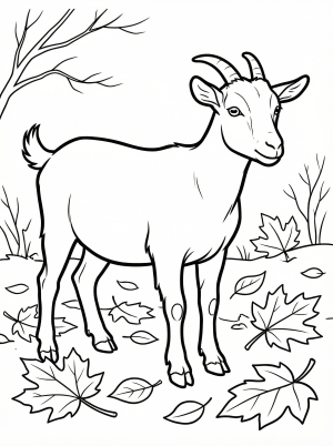 An anatomically accurate illustration of a goat standing in a field of fallen autumn leaves, ready for coloring. The scene captures the essence of a tranquil fall day.