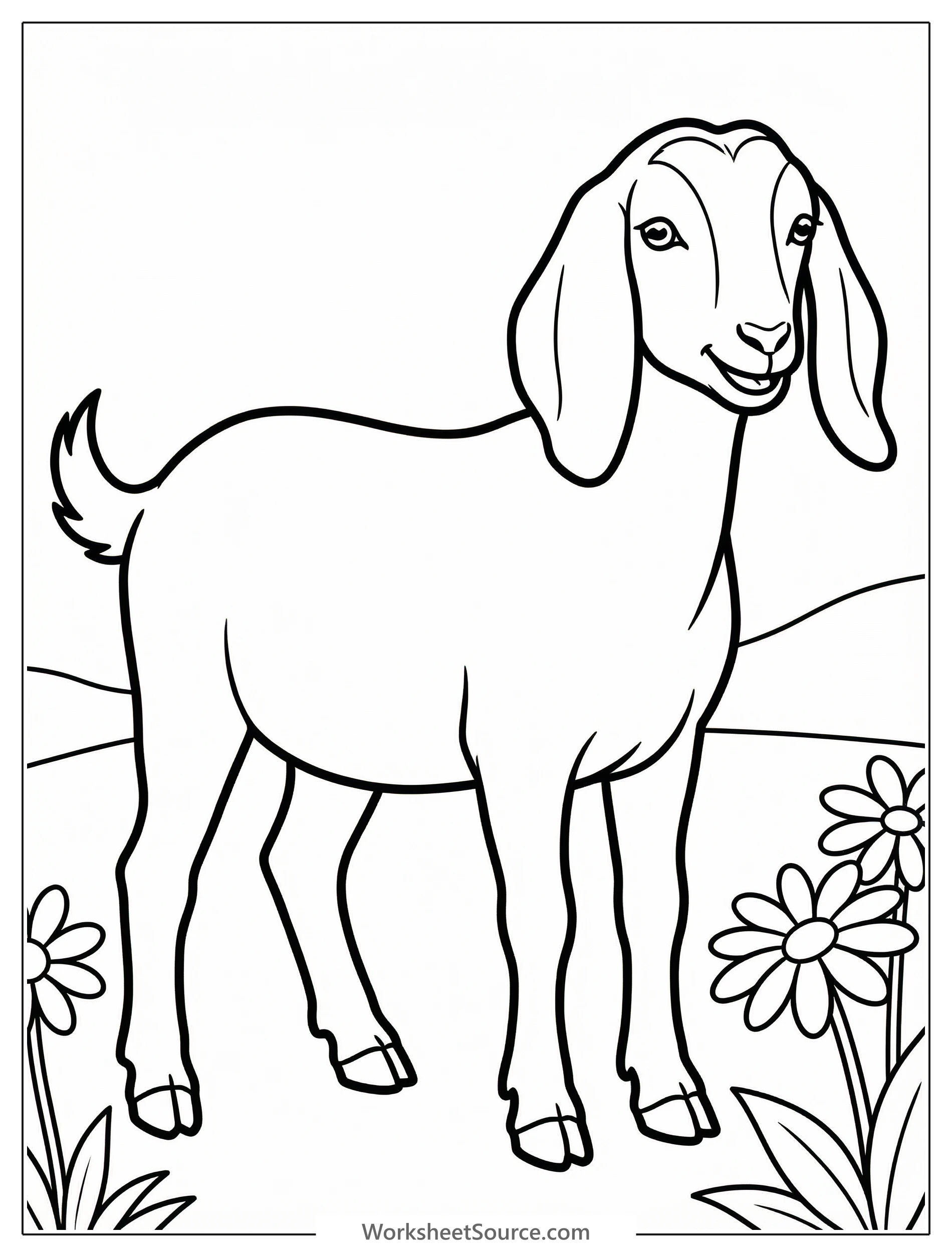 Line art drawing of an anatomically correct Nubian goat standing, featuring its characteristic long, drooping ears and gentle expression. Ready to be colored.