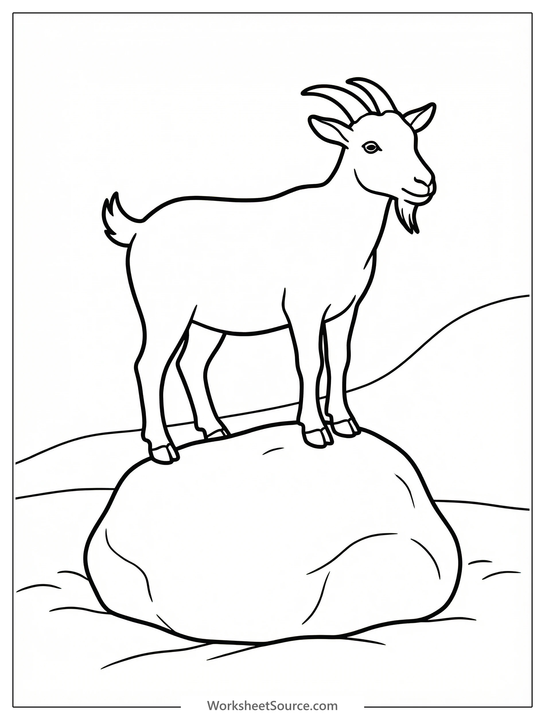Outline drawing of an anatomically correct goat with horns, standing proudly on a large textured rock or boulder, viewed from its side.