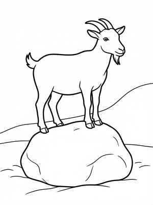 Outline drawing of an anatomically correct goat with horns, standing proudly on a large textured rock or boulder, viewed from its side.