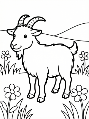 An outline of an anatomically correct goat standing peacefully in a serene grassy pasture with rolling hills and a gentle sun in the background, perfect for coloring.