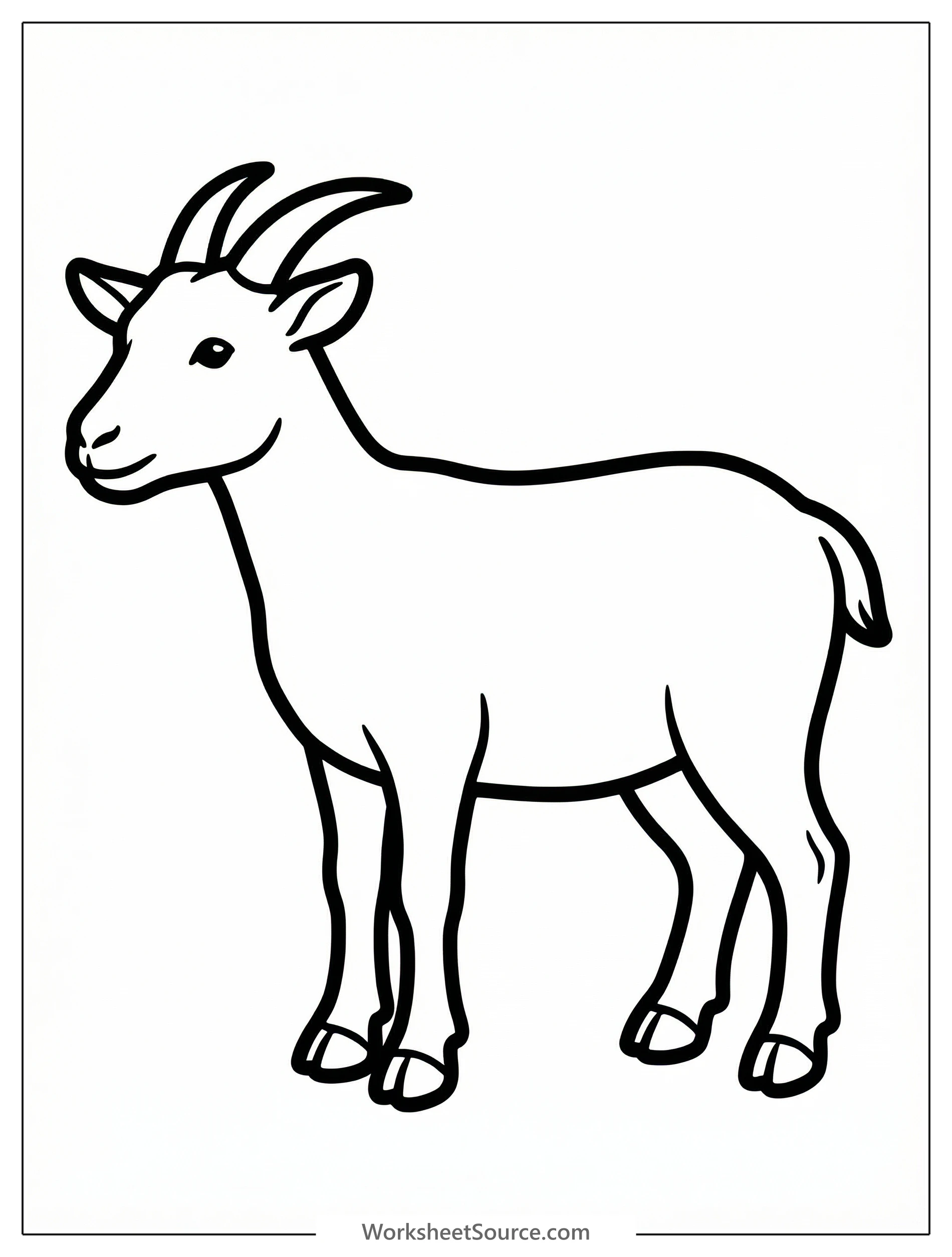 Outline drawing of an anatomically correct goat in side profile, standing, showing clear body proportions, distinct hooves, tail, and head features, ready for coloring.