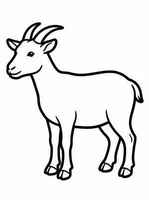 Outline drawing of an anatomically correct goat in side profile, standing, showing clear body proportions, distinct hooves, tail, and head features, ready for coloring.