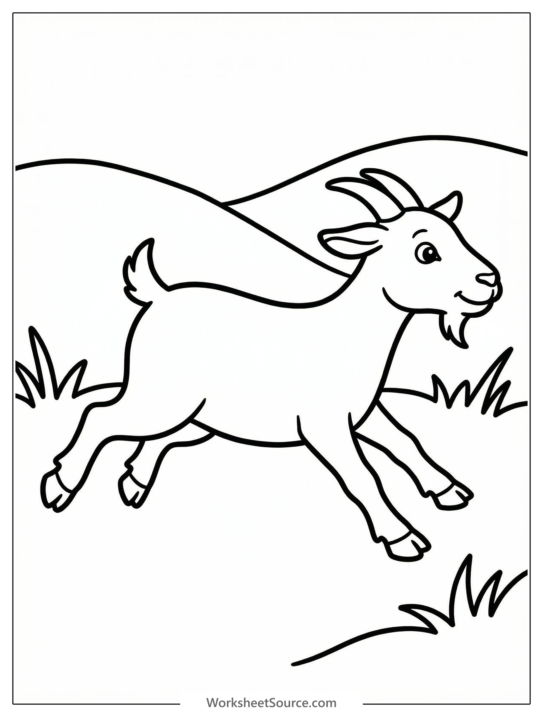 An anatomically correct goat with its tail up, running dynamically with all four legs extended in a powerful stride. Outlined for coloring.