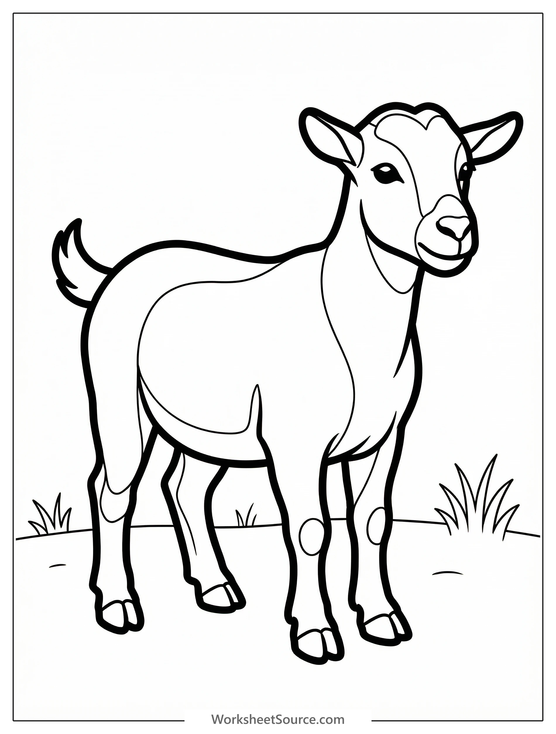 Outline drawing of an anatomically correct goat standing upright on all four hooves in a balanced pose, ready for coloring.