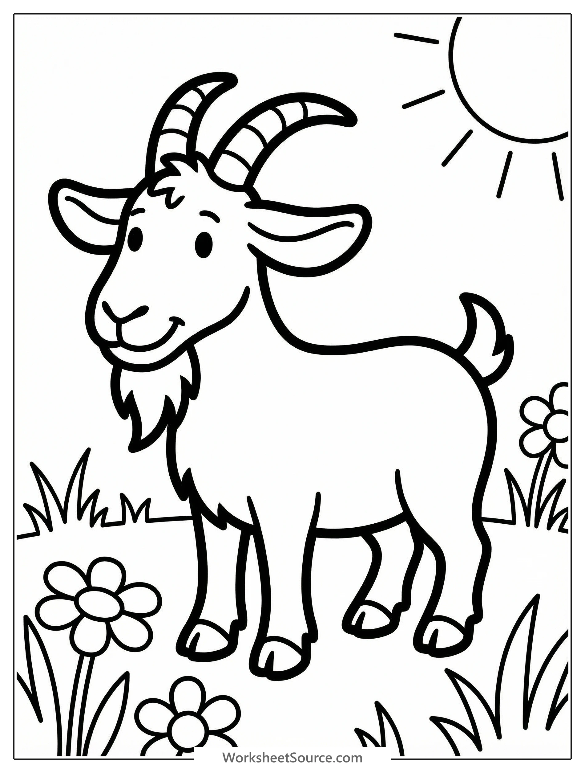 Outline illustration of a friendly, anatomically correct goat standing, featuring a prominent, long beard under its chin and small horns.