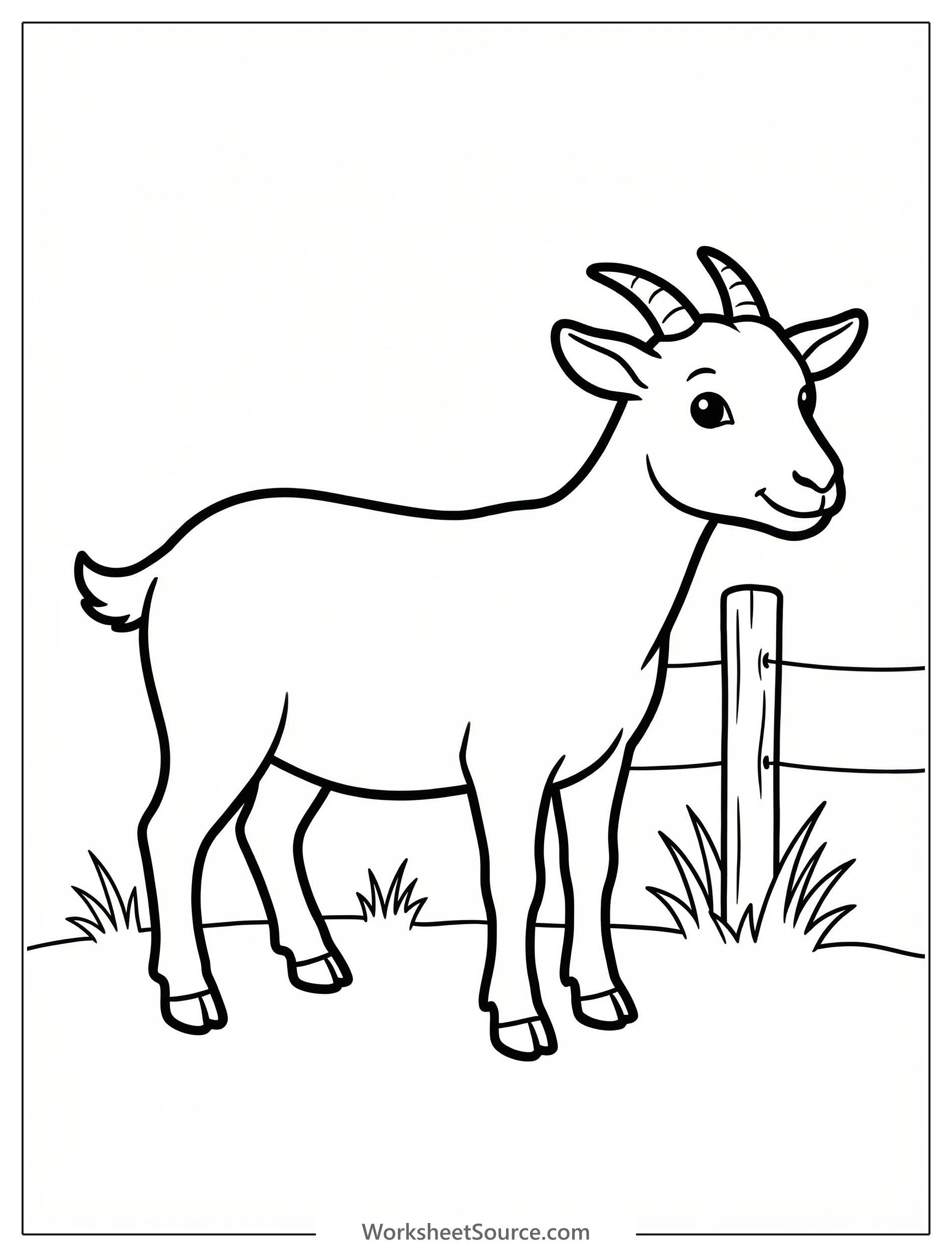 An anatomically correct goat with detailed fur and horns stands calmly next to a rustic wooden fence. The goat is looking forward, ready for coloring.