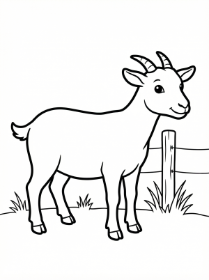 An anatomically correct goat with detailed fur and horns stands calmly next to a rustic wooden fence. The goat is looking forward, ready for coloring.