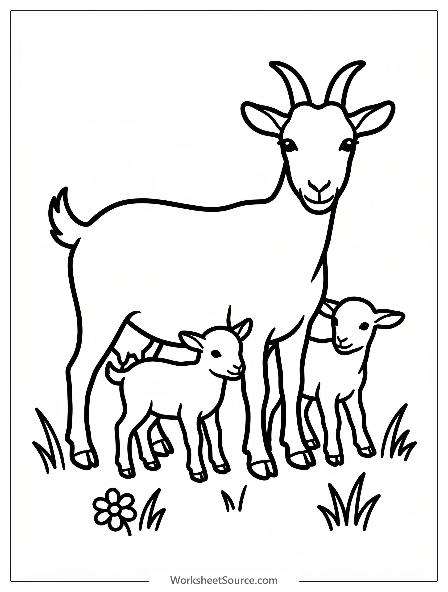 Anatomically correct coloring page of a mother goat (nanny goat) with two baby goats (kids) standing in a field, perfect for young artists.