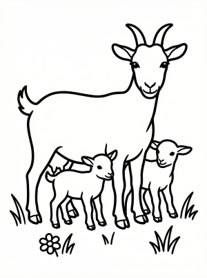 Anatomically correct coloring page of a mother goat (nanny goat) with two baby goats (kids) standing in a field, perfect for young artists.