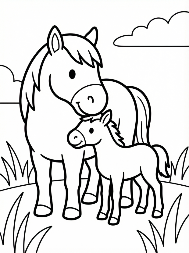 Free printable coloring page showing a mother horse and foal standing in grass, perfect for kids to practice coloring and fine motor skills
