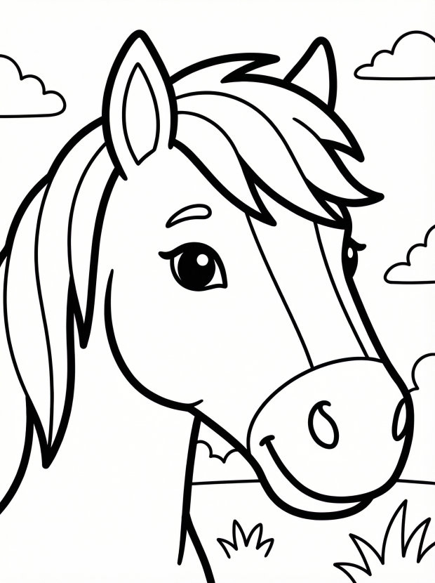 Free printable coloring page showing a horse head portrait, perfect for kids to practice fine motor skills and enjoy creative coloring