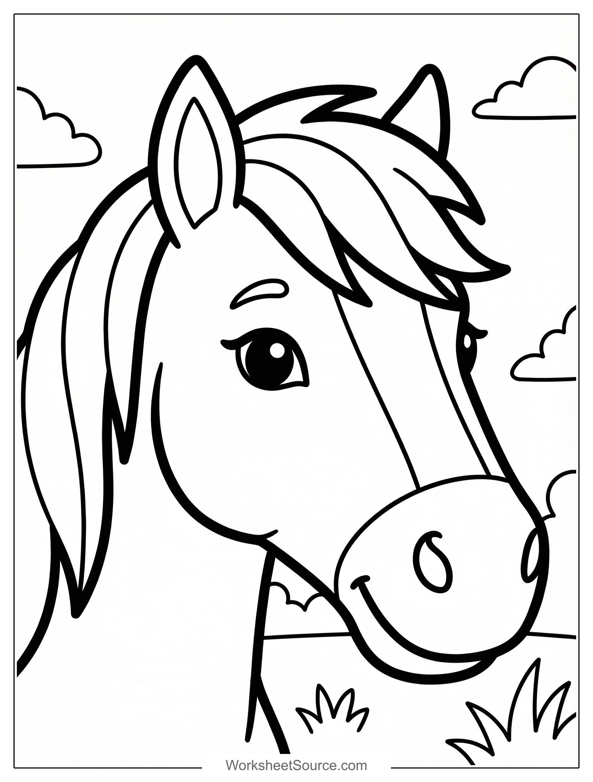 Free printable coloring page showing a horse head portrait, perfect for kids to practice fine motor skills and enjoy creative coloring