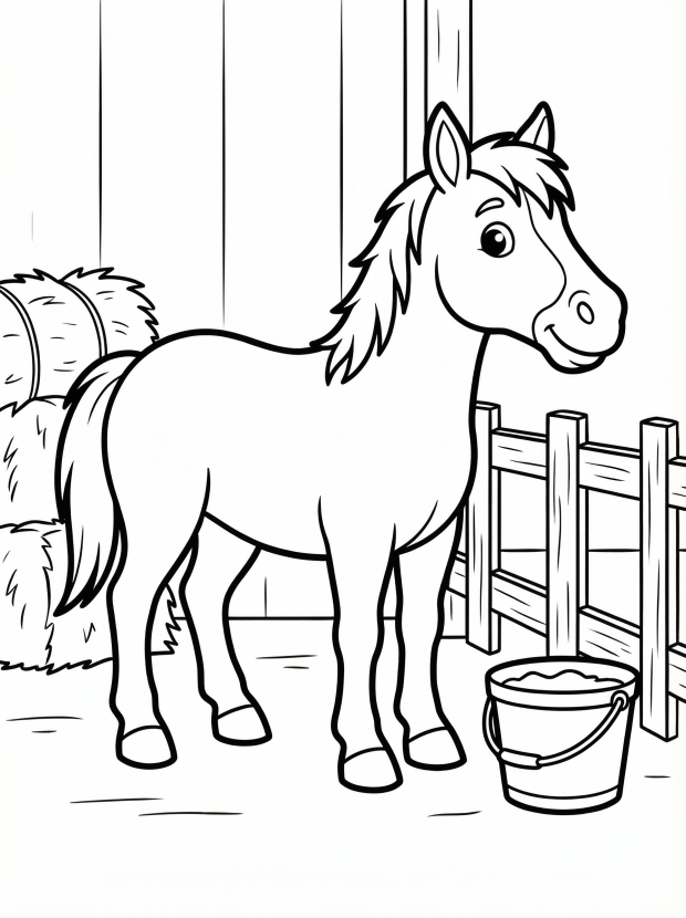 Free printable coloring page showing a horse in a stable, perfect for kids to practice coloring and learn about farm animals