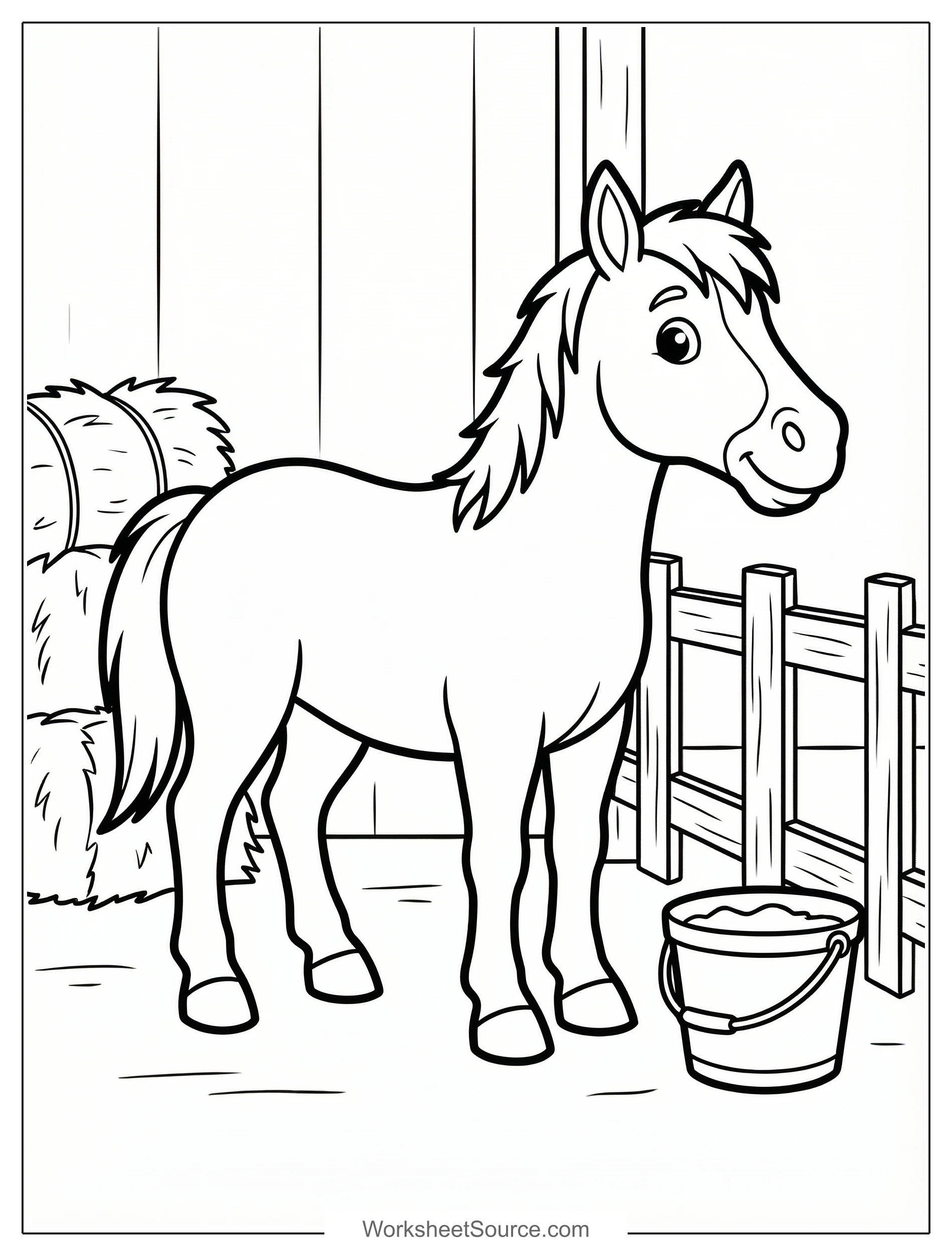 Free printable coloring page showing a horse in a stable, perfect for kids to practice coloring and learn about farm animals