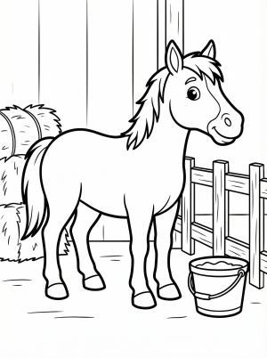 Free printable coloring page showing a horse in a stable, perfect for kids to practice coloring and learn about farm animals