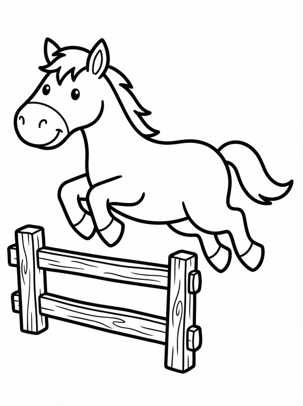 Free printable coloring page showing a horse jumping over a fence, perfect for kids to practice creativity and fine motor skills