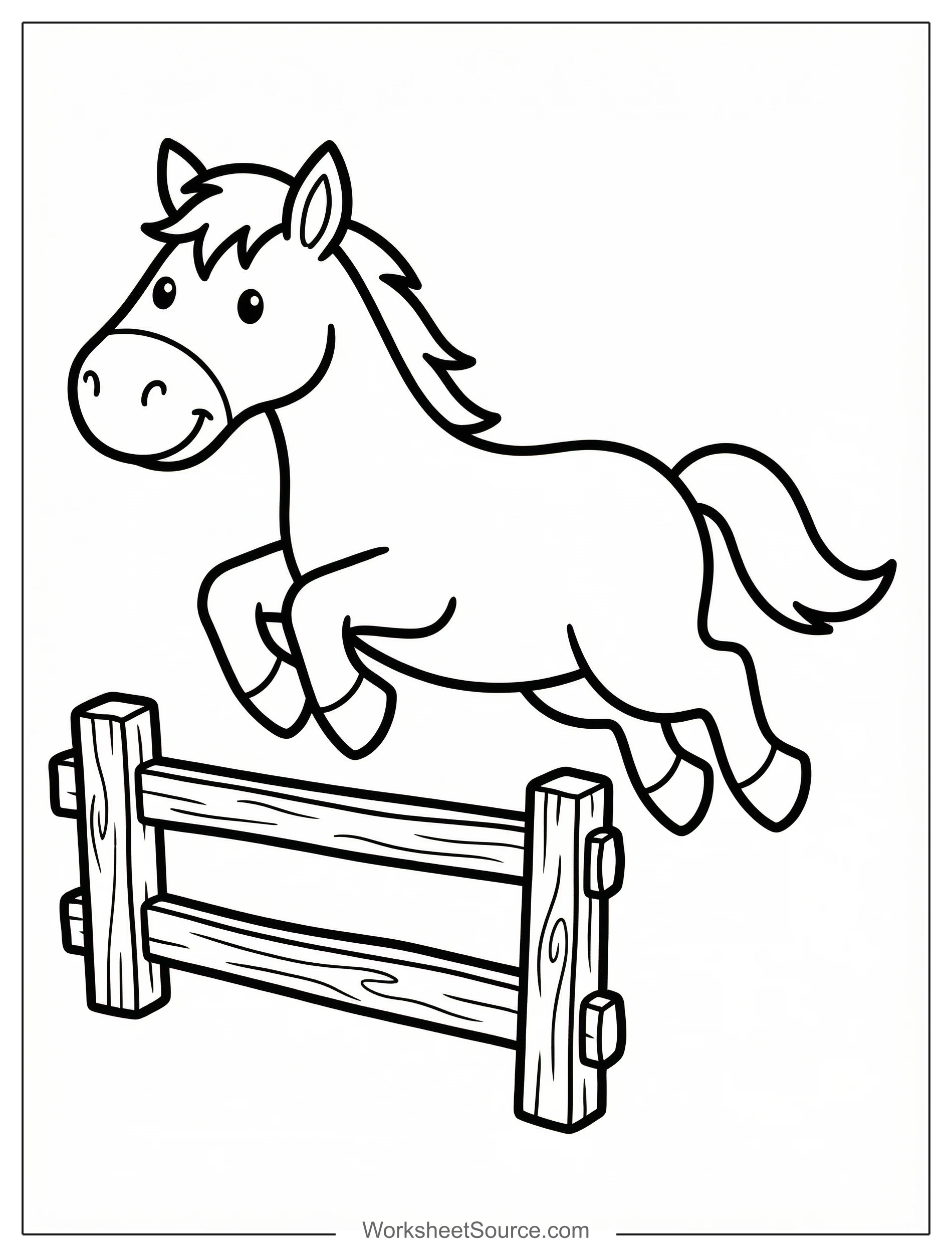 Free printable coloring page showing a horse jumping over a fence, perfect for kids to practice creativity and fine motor skills