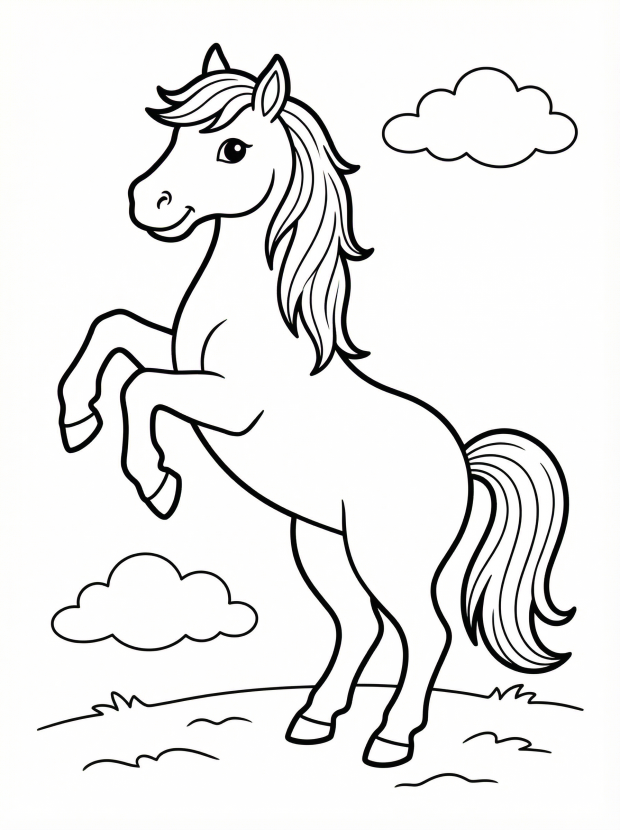 Free printable coloring page showing a horse rearing up, perfect for kids to practice coloring and fine motor skills.