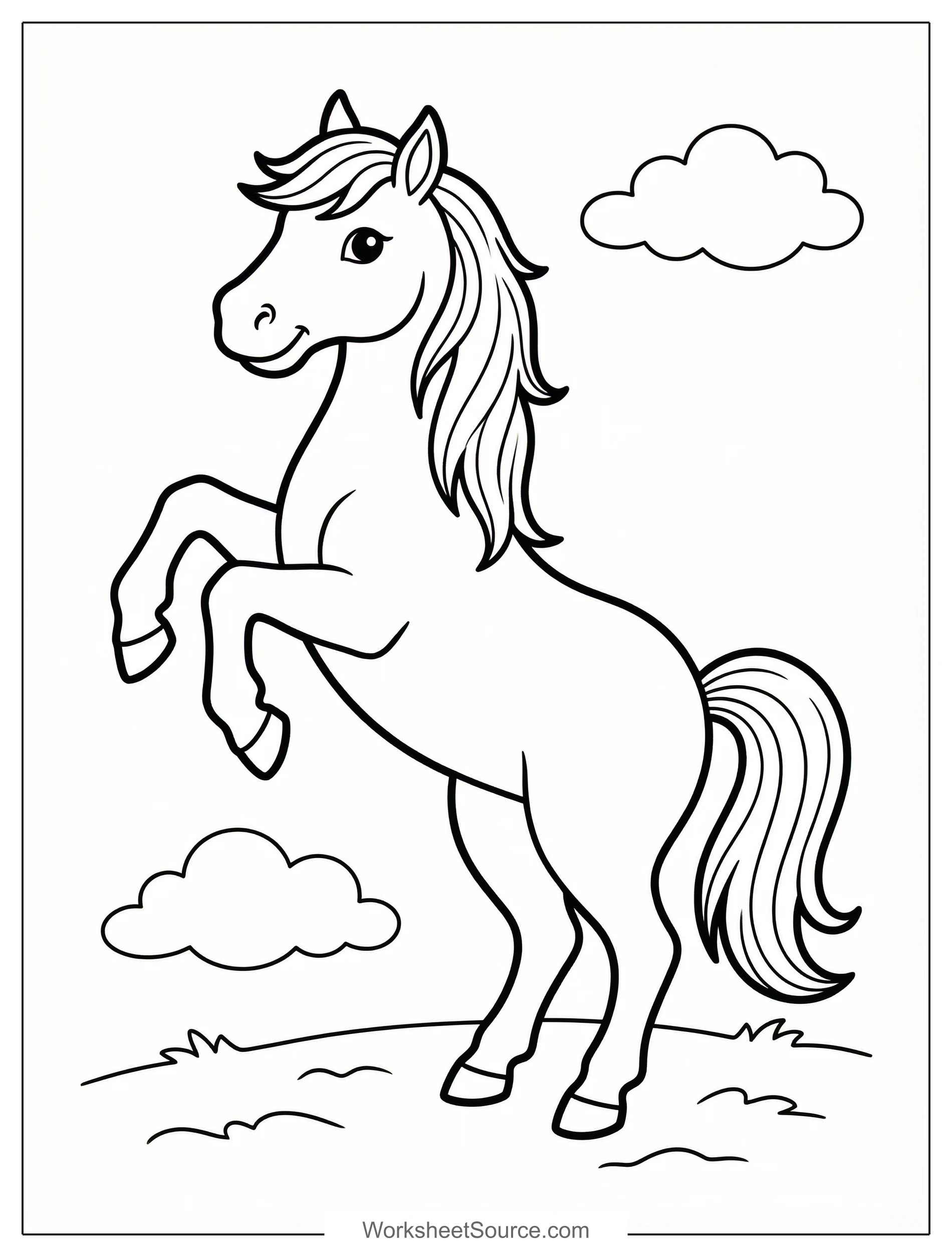 Free printable coloring page showing a horse rearing up, perfect for kids to practice coloring and fine motor skills.