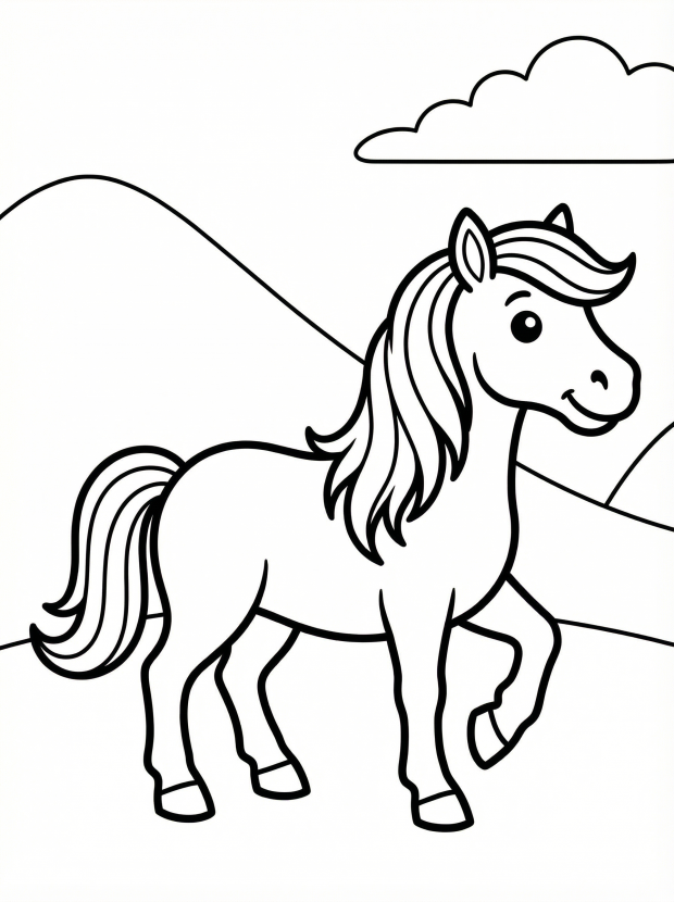Free printable coloring page showing a smiling horse with a flowing mane, perfect for kids to practice coloring and creativity