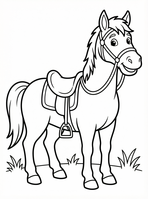 Free printable coloring page showing a horse with a saddle standing on grass, perfect for kids to practice focus and creativity