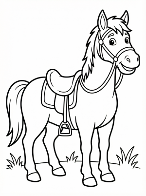 Free printable coloring page showing a horse with a saddle standing on grass, perfect for kids to practice focus and creativity
