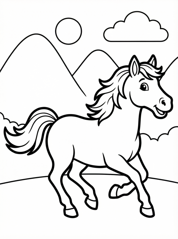 Free printable coloring page showing a running horse in a hilly scene, perfect for kids to practice coloring and imagination