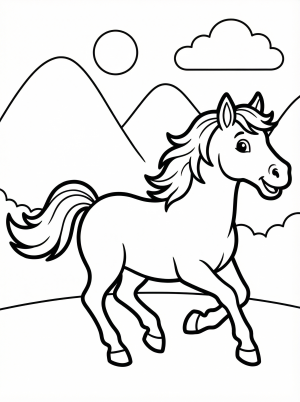 Free printable coloring page showing a running horse in a hilly scene, perfect for kids to practice coloring and imagination