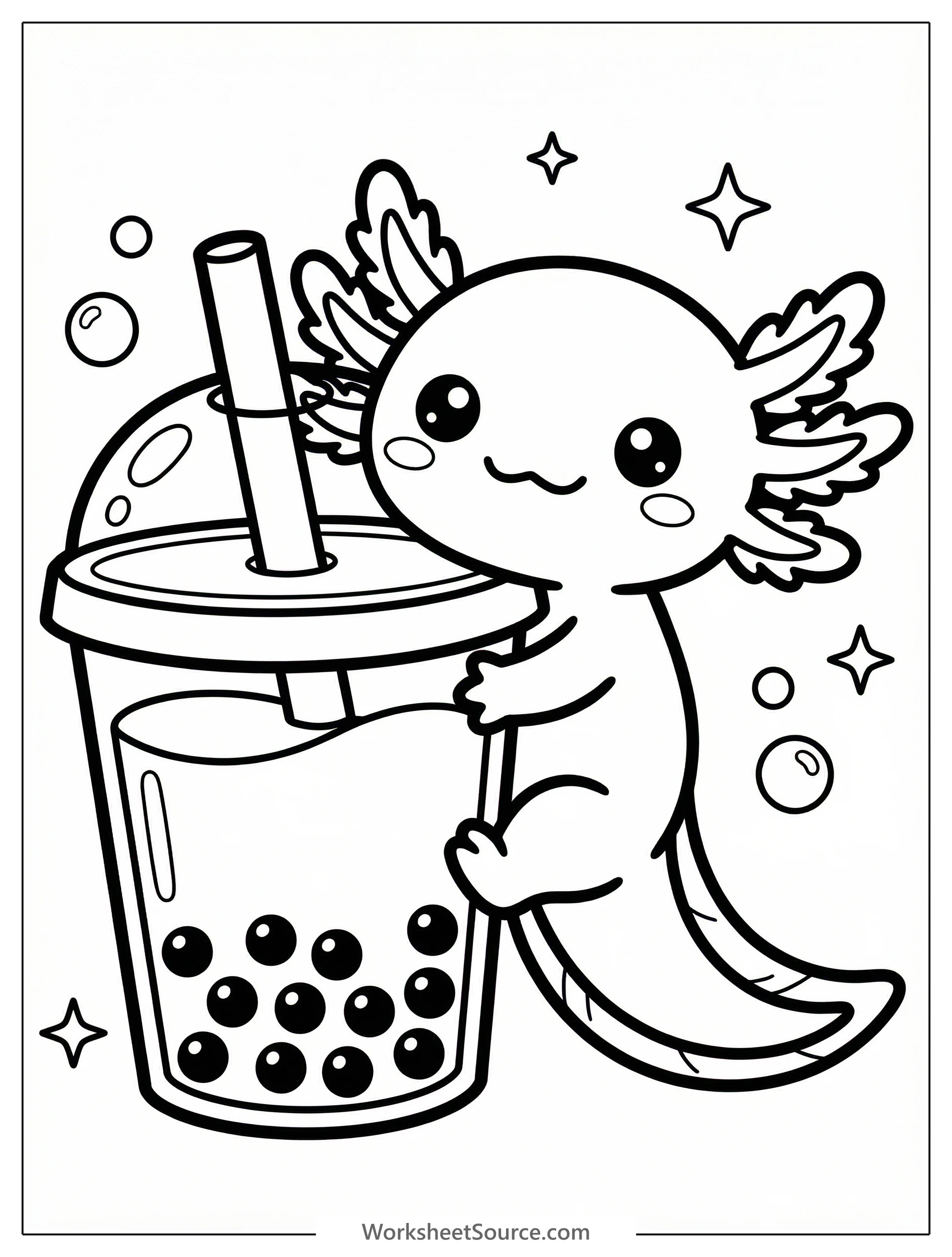 Cute kawaii axolotl character happily hugging a giant bubble tea cup with tapioca pearls. The axolotl is smiling, with its feathery gills visible, in a playful scene.