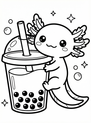 Cute kawaii axolotl character happily hugging a giant bubble tea cup with tapioca pearls. The axolotl is smiling, with its feathery gills visible, in a playful scene.