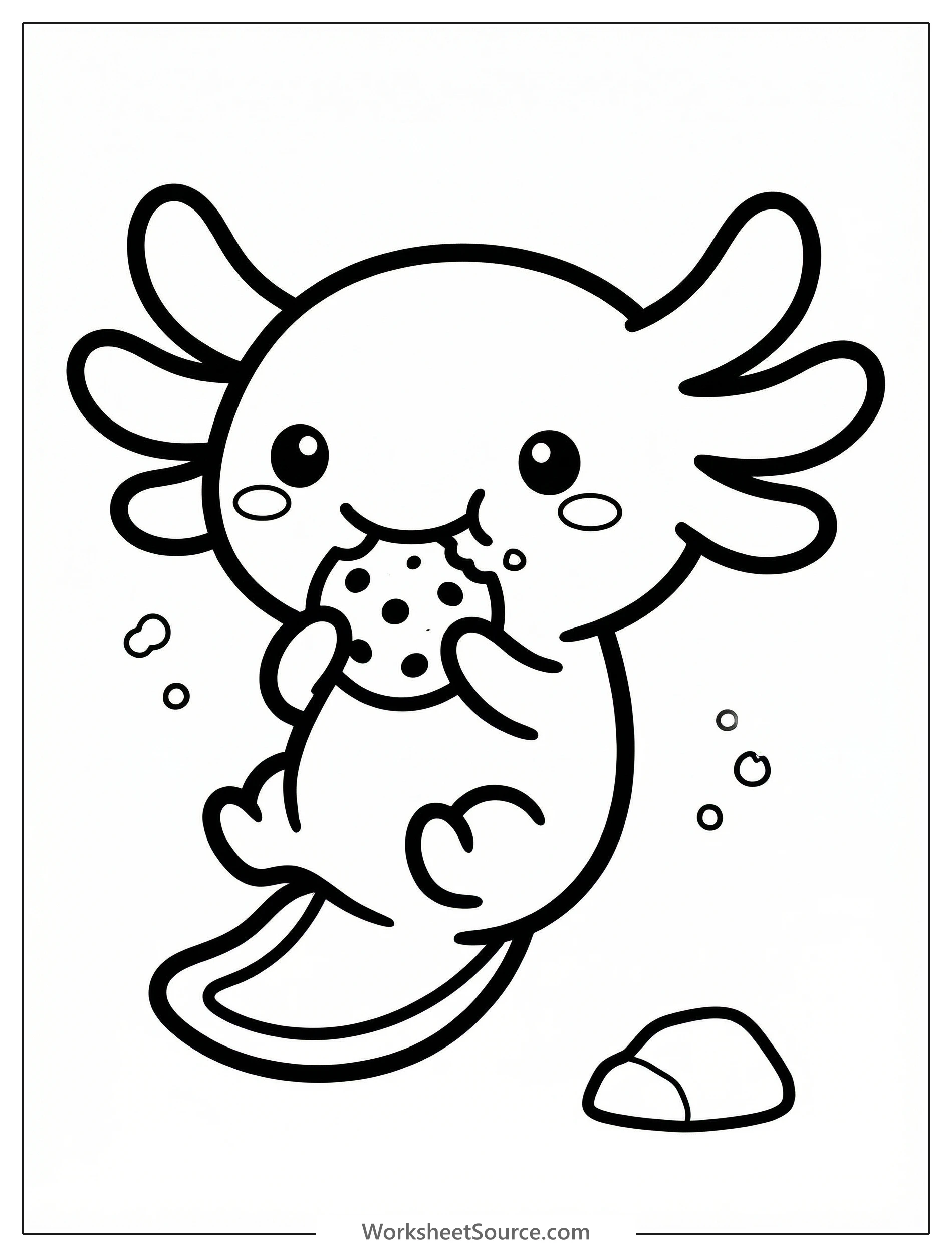 Illustration of a super cute kawaii axolotl with a happy expression, holding and munching a small snack, drawn with bold, clear black outlines.