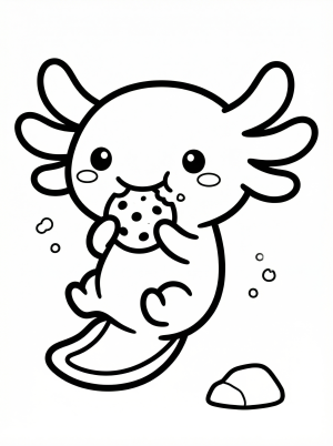 Illustration of a super cute kawaii axolotl with a happy expression, holding and munching a small snack, drawn with bold, clear black outlines.