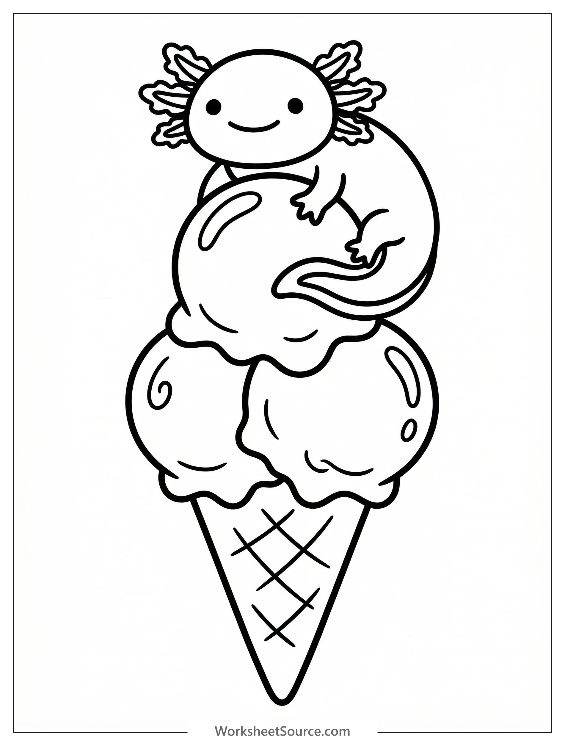 Line art illustration of a cute axolotl with a friendly smile, sitting atop a tall, triple scoop ice cream cone with a cherry on top.