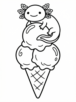 Line art illustration of a cute axolotl with a friendly smile, sitting atop a tall, triple scoop ice cream cone with a cherry on top.