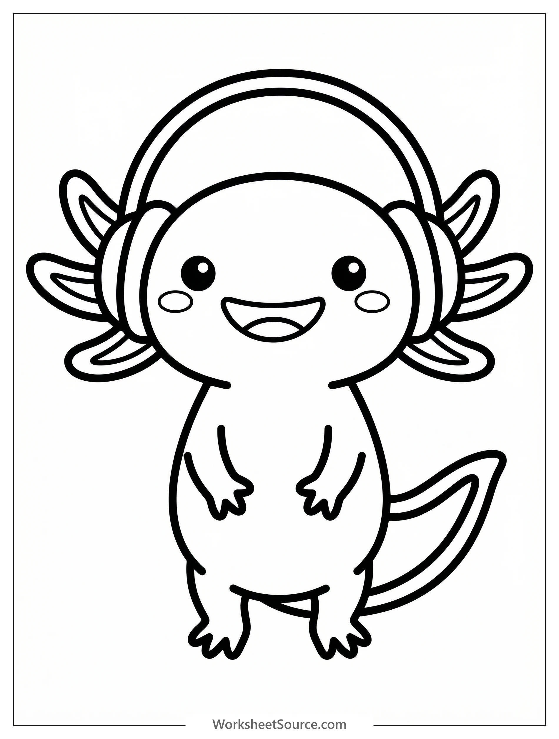 A cute cartoon axolotl, a smiling aquatic salamander, with large round eyes, wearing colorful headphones and listening to music. The axolotl is swimming gently in calm water.