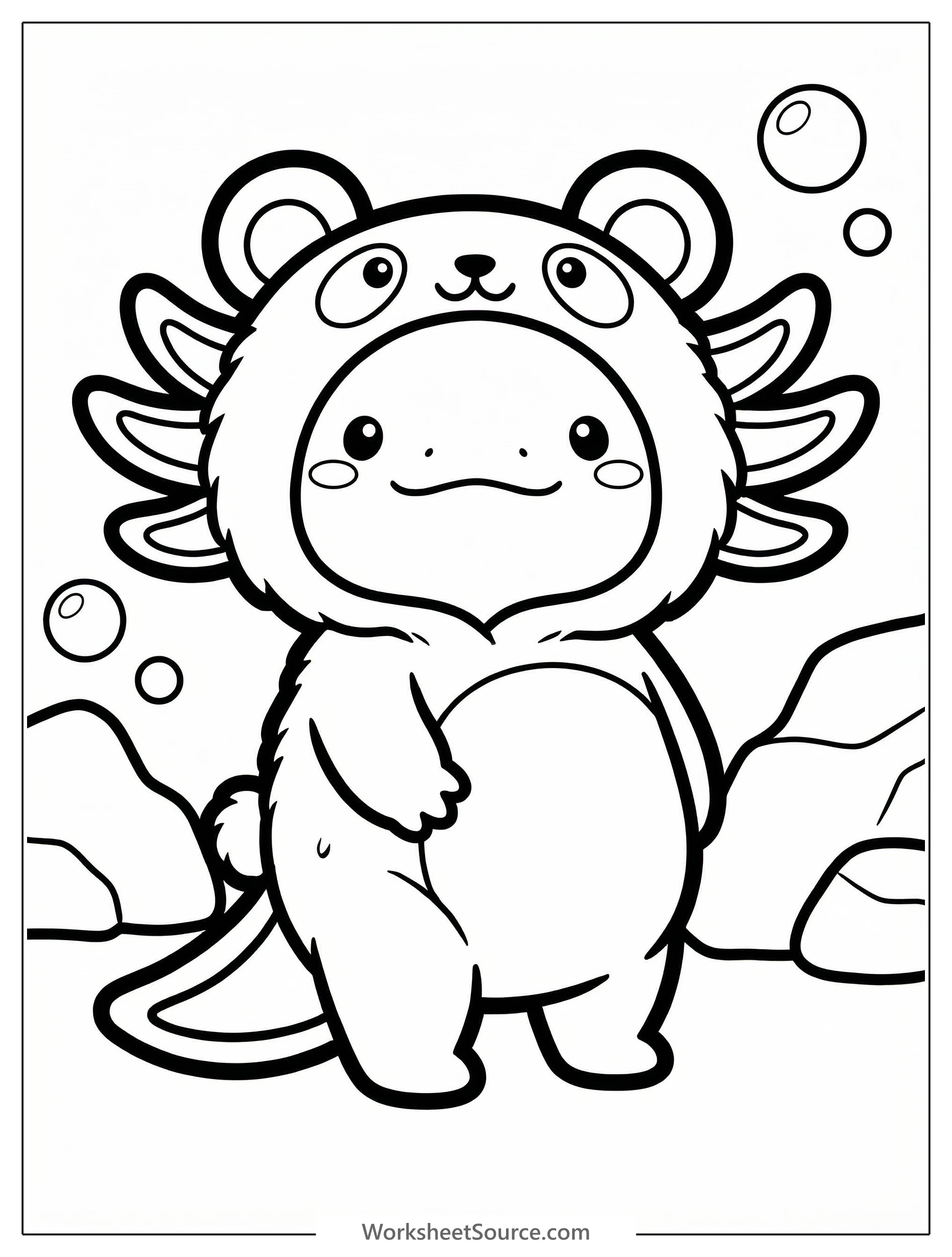 Adorable kawaii style axolotl coloring page. The cartoon amphibian wears a black and white panda bear costume, standing with small hands on its chest.