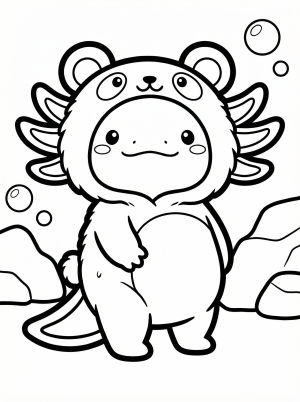 Adorable kawaii style axolotl coloring page. The cartoon amphibian wears a black and white panda bear costume, standing with small hands on its chest.