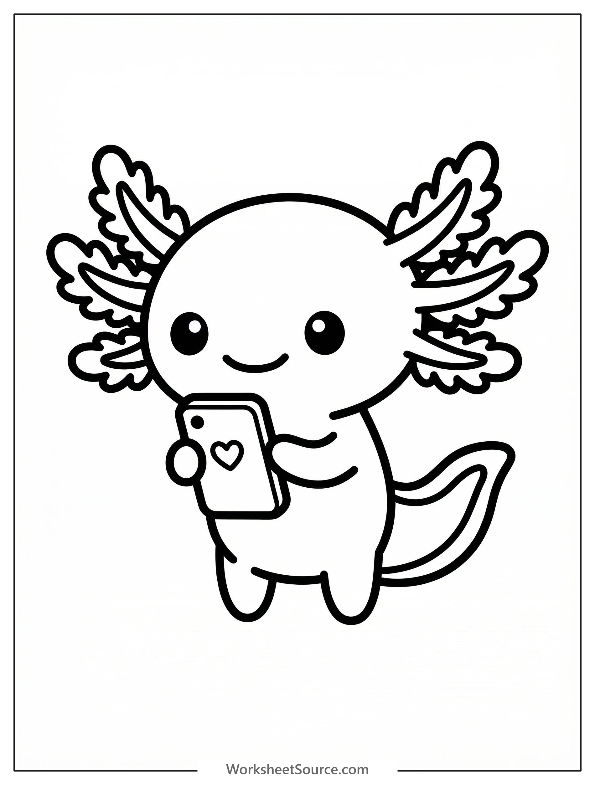 An adorable kawaii axolotl character with large eyes smiles while holding a tiny smartphone displaying a heart icon, ready for coloring.