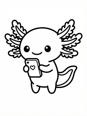 An adorable kawaii axolotl character with large eyes smiles while holding a tiny smartphone displaying a heart icon, ready for coloring.