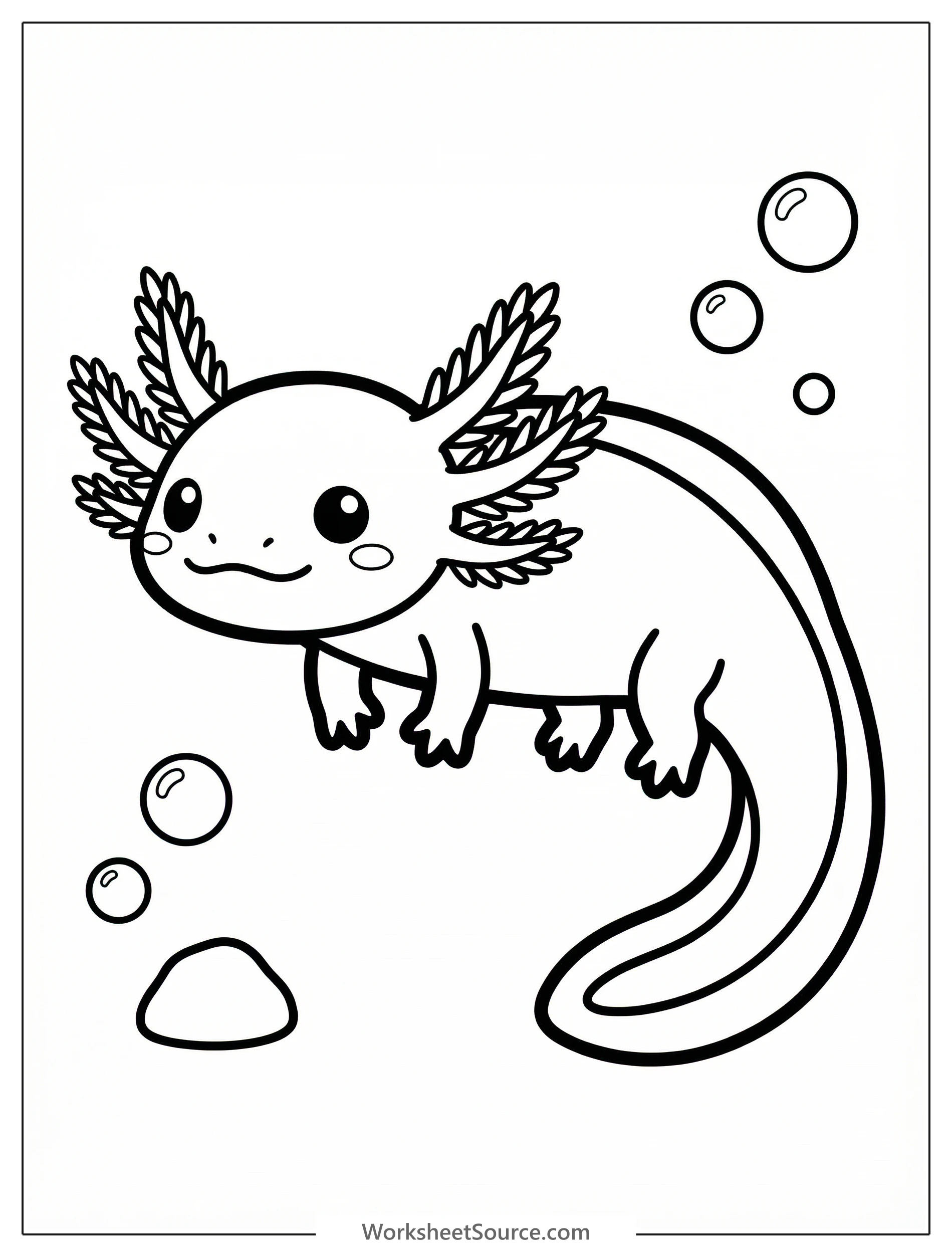 Line art coloring page showing an anatomically correct kawaii axolotl in side view, featuring detailed gills, a prominent tail, and thick, simple outlines.