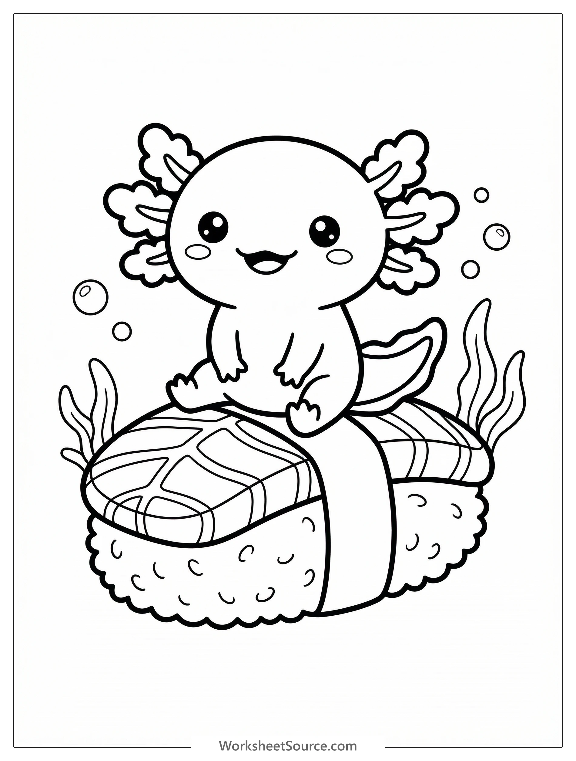 An adorable kawaii axolotl with a friendly smile sits atop a piece of nigiri sushi. The axolotl has its signature feathery gills.