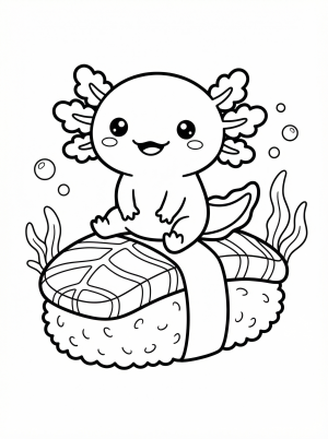 An adorable kawaii axolotl with a friendly smile sits atop a piece of nigiri sushi. The axolotl has its signature feathery gills.