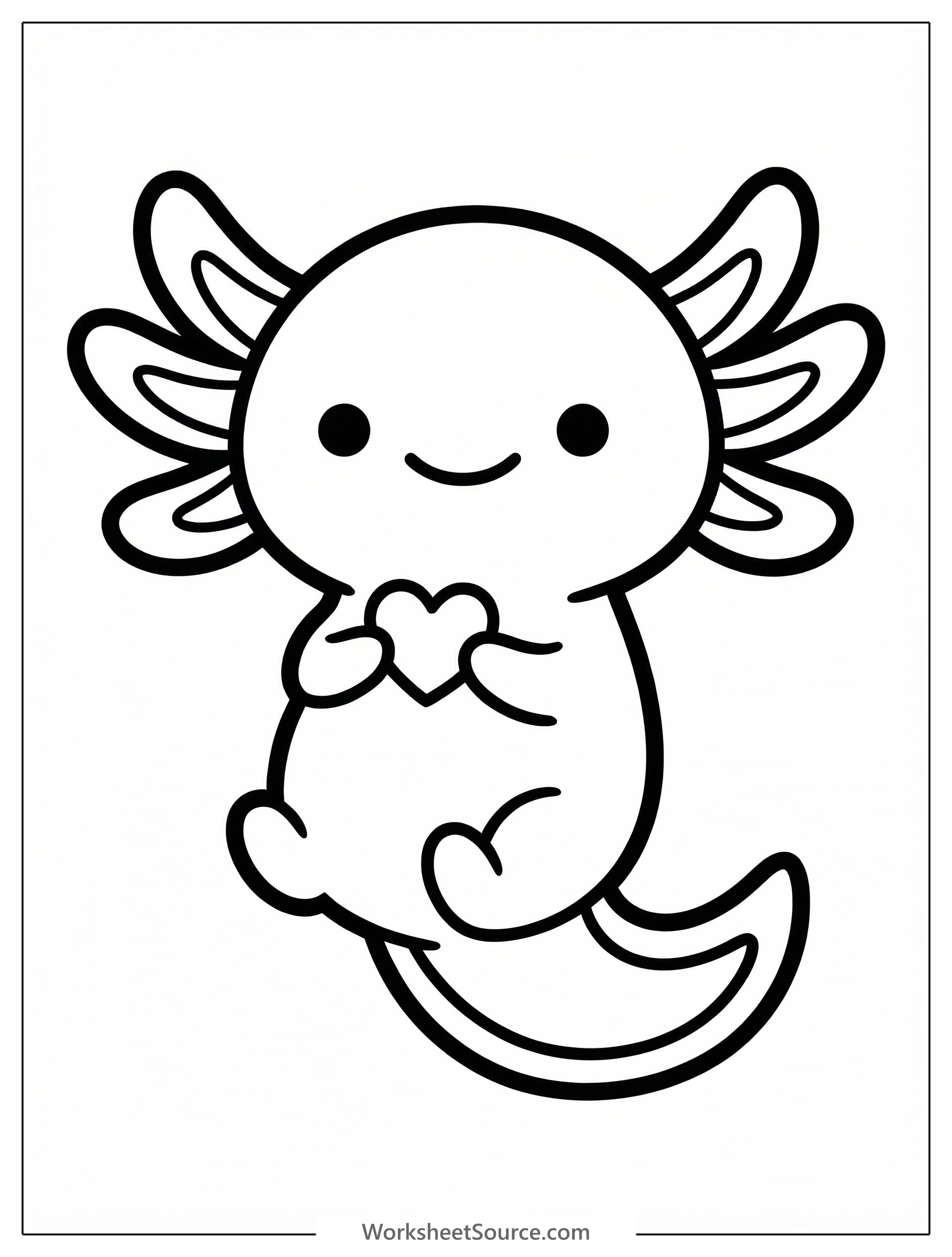 Adorable kawaii style axolotl coloring page featuring thick, bold outlines. The charming aquatic animal holds a small heart, perfect for creative coloring.