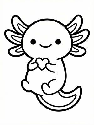 Adorable kawaii style axolotl coloring page featuring thick, bold outlines. The charming aquatic animal holds a small heart, perfect for creative coloring.