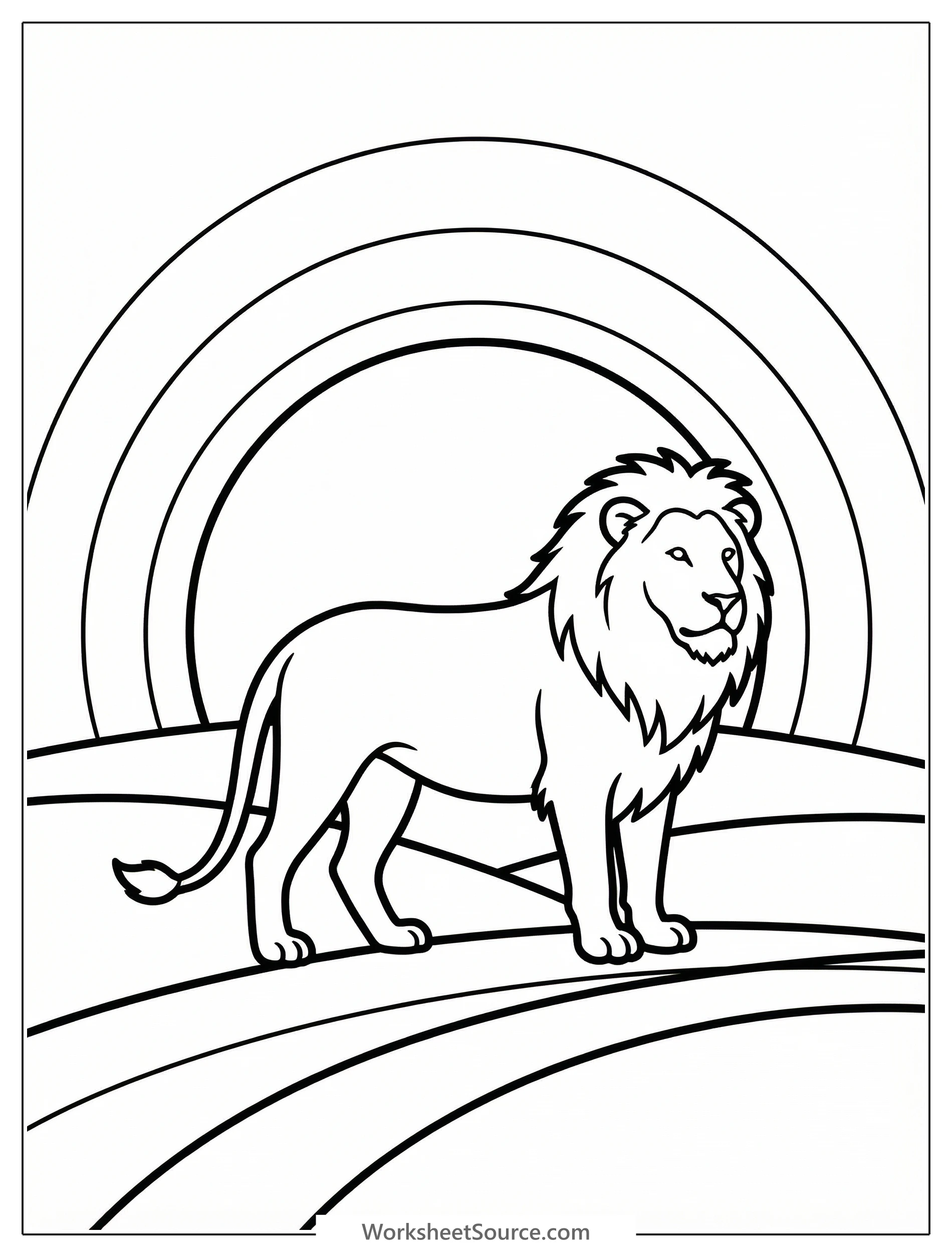 Anatomically correct silhouette of a majestic lion standing on the savanna, dramatically lit by a vibrant, warm sunset in the background.